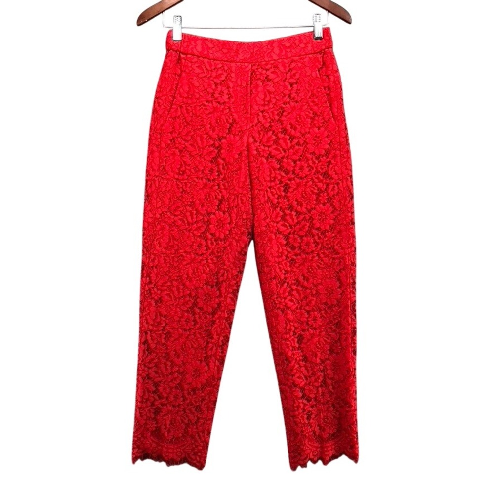 J.Crew Lace Pants Womens 0 Red Floral Cropped Scalloped Hem Holiday Party